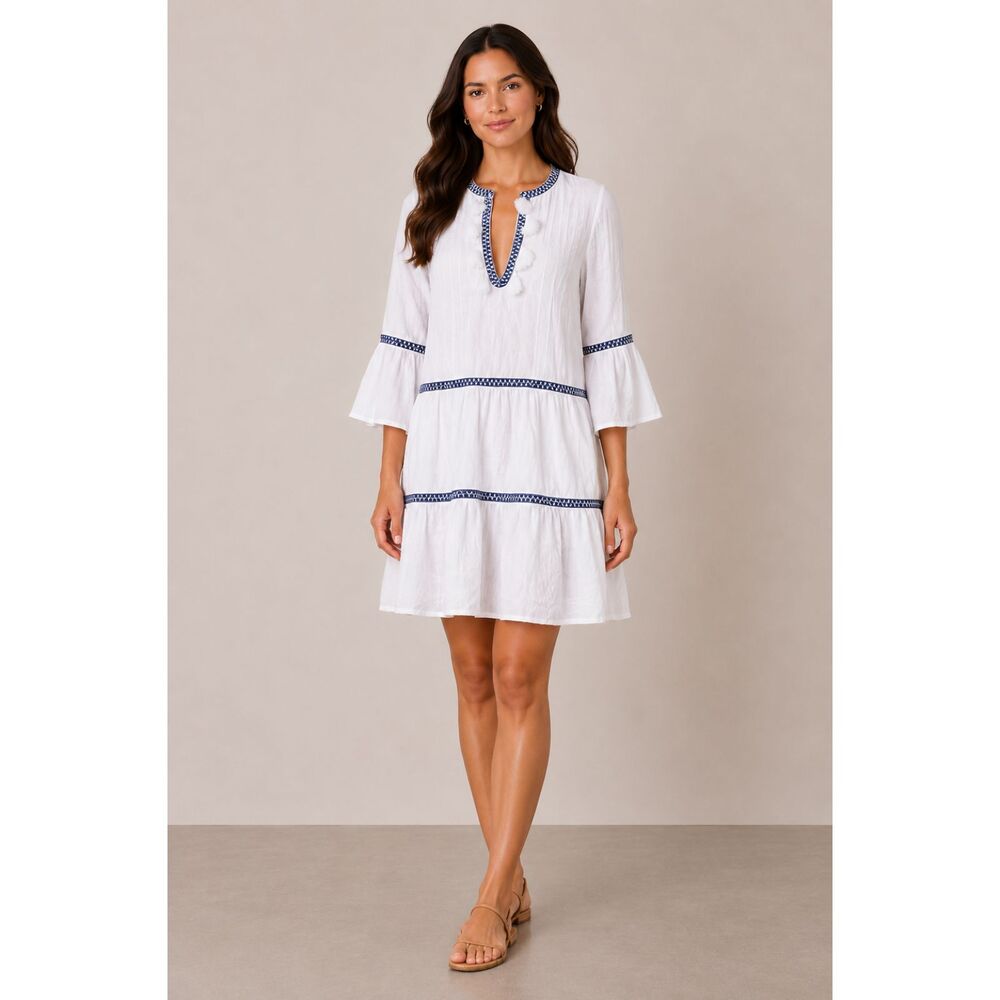 Tommy Bahama Bohemian Tier Embroidered Cover-up Dress White Blue Accents M
